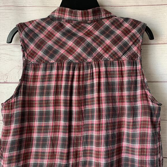Hippie Laundry Sleeveless Plaid Button Up Shirt Boho Crochet Lace Ruffle Size L - Picture 7 of 15